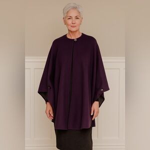 Vintage Peter James Purple Wool‎ Cashmere Cape Buttons Coat Wrap Poncho One Size
